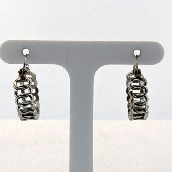 Estate Sterling Silver 925 Hoop Earrings Textured Links Design, 4.1g, Marked - Picture 1 of 8